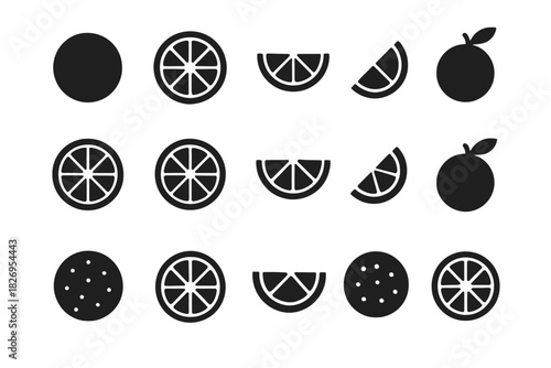 Set of black and white citrus fruit icons including slices and whole fruits