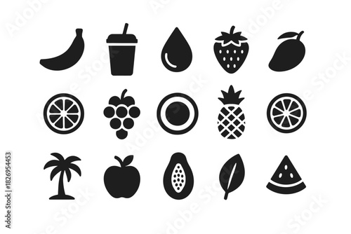 Silhouette icons of various fruits and beverages in black and white