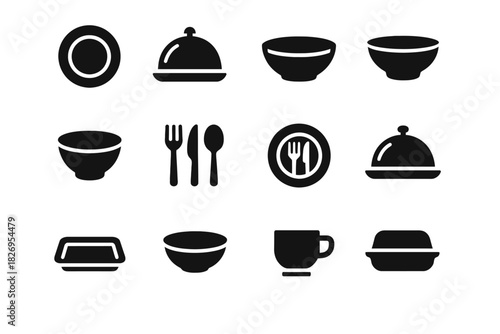 Black silhouette dining icons set of plates, bowls, cutlery, cloche, and cups