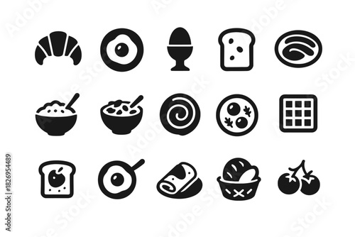Collection of breakfast food icons featuring croissant, eggs, and bread