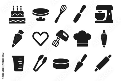 Baking utensil icons: mixer, cake, whisk, chef hat, measuring cup, rolling pin