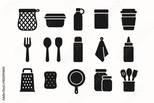 Collection of kitchen utensil silhouettes: containers, cutlery, and tools