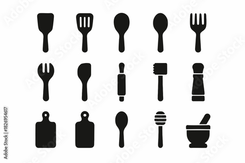 Silhouette icons of kitchen utensils including spoon, fork, and cutting board