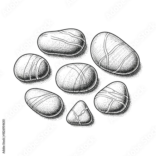 Monochromatic black and white sketch of seven smooth pebbles in various shapes and sizes, rendered with hatching on a white background