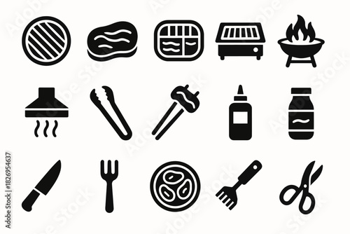 Black and white icons of bbq tools, grill, and food items