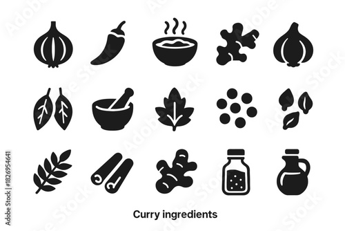 Icon set of curry ingredients: onion, pepper, ginger, herbs, and spices