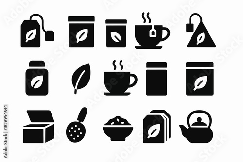 Icon set of tea-related items and symbols in black and white