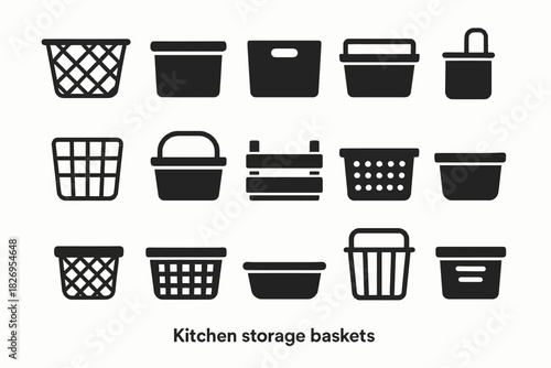 Various black kitchen storage baskets icons in a grid layout