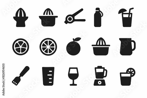 Fruit and beverage icon set: juicers, squeezer, blender, and glasses