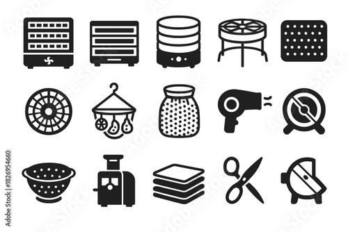 Set of kitchen appliance icons including food dehydrator and vegetable slicer