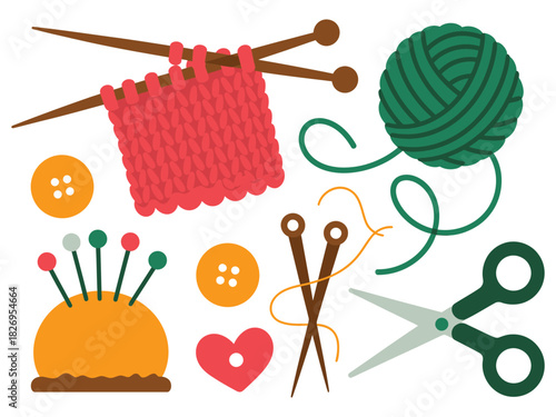Knitting needles, yarn, scissors, buttons, and a pincushion are laid out.