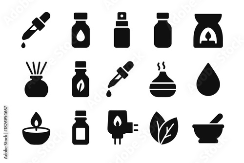 Silhouette icons of aromatherapy tools: essential oils, diffusers, and candles