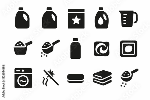 Black detergent and laundry symbols including measuring cup and washing machine