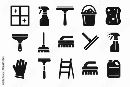 Cleaning tools icons: window, spray, squeegee, bucket, sponge, glove, ladder, brush