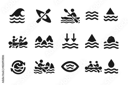 Collection of water activity icons featuring kayaking, waves, and boating
