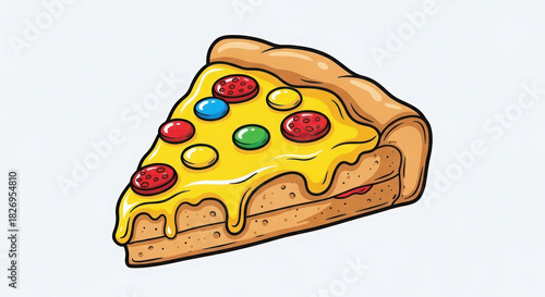 Cartoon pizza slice with golden crust, cheese, red pepperoni and candy