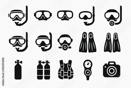 Diving equipment icons: masks, snorkels, fins, tanks, gauges, camera