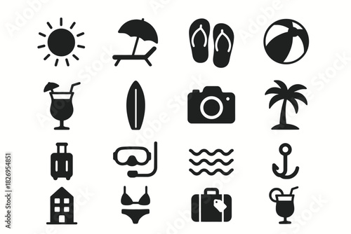 Summer vacation icons: sun, beach, camera, surfboard, cocktail, palm tree, anchor