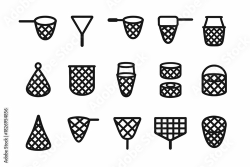 Set of various fishing net icons in black and white outline style