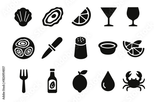 Black silhouette icons of seafood oysters and dining elements on white background