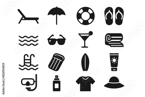 Black and white beach and pool icons collection: umbrella, flip-flops, sunglasses, surfboard
