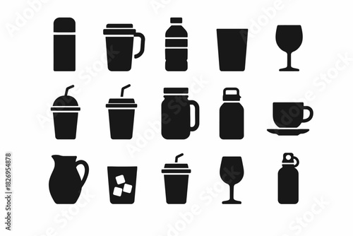 Drinkware silhouettes collection: cups, bottles, glasses, mugs, and jars
