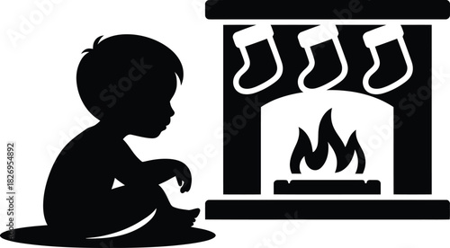 Black silhouette of child sitting by fireplace with stockings