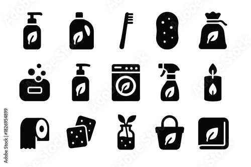Eco-friendly household icons: cleaning, hygiene, and sustainability symbols