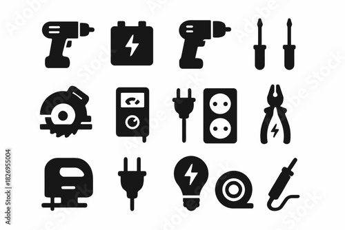 Black silhouette icons of electrical tools and equipment set