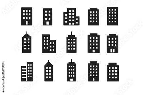 Set of black building icons in various architectural styles