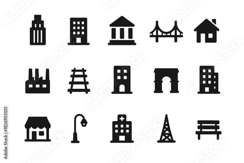 City icon set: buildings, bridge, house, factory, railway, arch, lamp, hospital, tower, bench