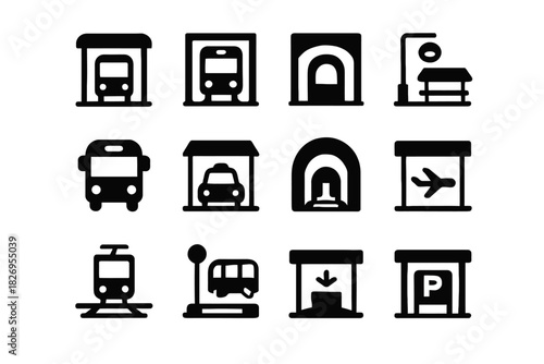 Black and white icon set of various transportation and transit stations