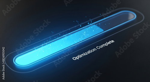 Futuristic search engine progress bar indicates successful optimization is complete for business growth. This glowing blue interface represents technology and successful achievement