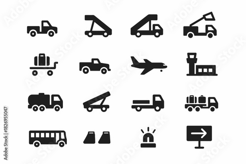 Set of airport vehicle icons including airplane, baggage carts, and terminal