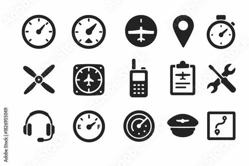Aviation icons set: gauges, tools, navigation, and communication elements