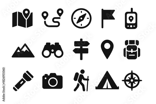 Adventure icon set: map, compass, hiking, camping symbols in black