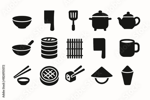 Silhouette icons of asian kitchen utensils and cooking tools