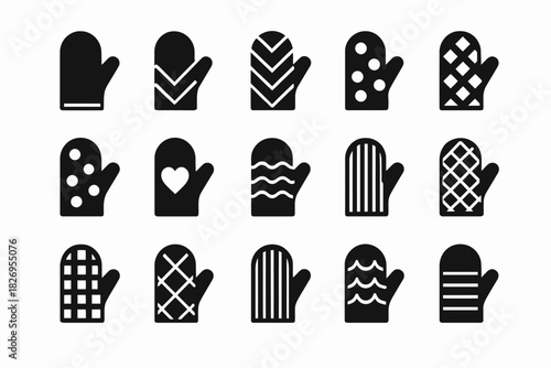 Collection of various oven mitt patterns in black and white