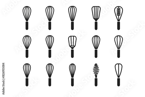 Sixteen varieties of black whisk icons on white background