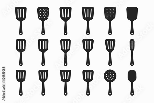 Black silhouettes of various kitchen spatulas in grid layout