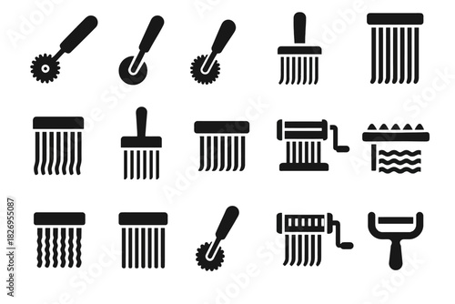 Set of various pasta making tools and utensils icons in black silhouette style