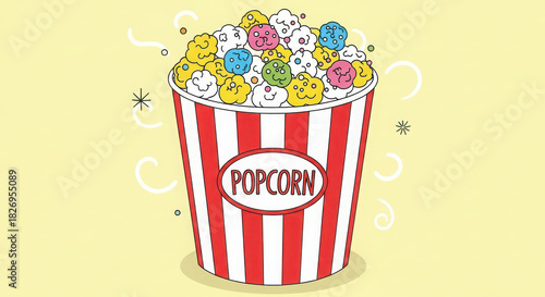 Fun cartoon popcorn in classic red striped bucket illustration art