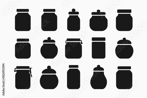 Set of jar silhouettes with various shapes and designs in black on white background