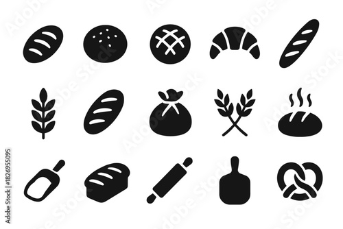 Assorted bakery icons: bread, croissant, wheat, and baking tools silhouettes