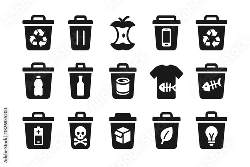 Waste management icons: recycling, compost, electronics, and hazardous symbols