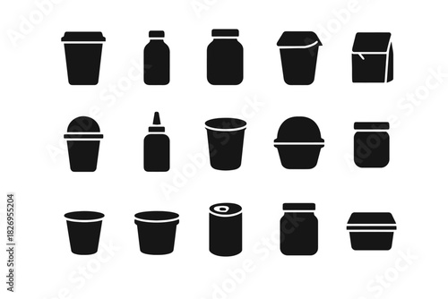 Collection of various black silhouettes of beverage and food containers
