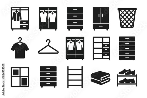Wardrobe and closet icons set featuring dressers, hangers, laundry baskets, and shelves