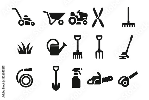 Silhouette icons of lawn mower, wheelbarrow, tractor, shears, rake, and garden tools