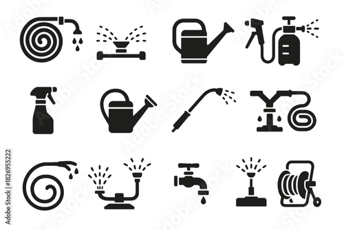 Garden watering tools icons: hose, sprinkler, watering can, nozzle, tap, spray bottle collection