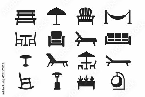 Collection of outdoor furniture icons: chairs, tables, loungers, and more